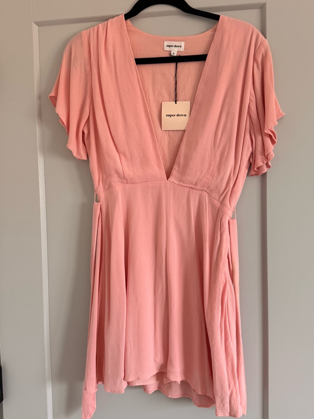 Super Down Pink V-Neck Flutter Sleeve Dress